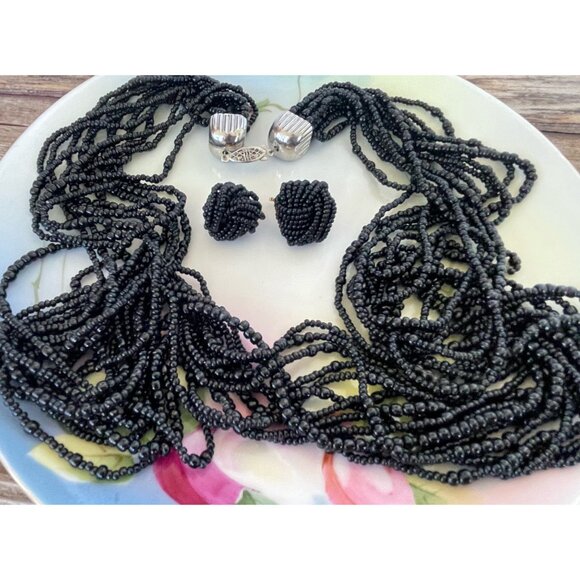 Vintage 1960s Black glass Seed Bead 12 Strand Necklace Cluster Earrings Set - Picture 12 of 14